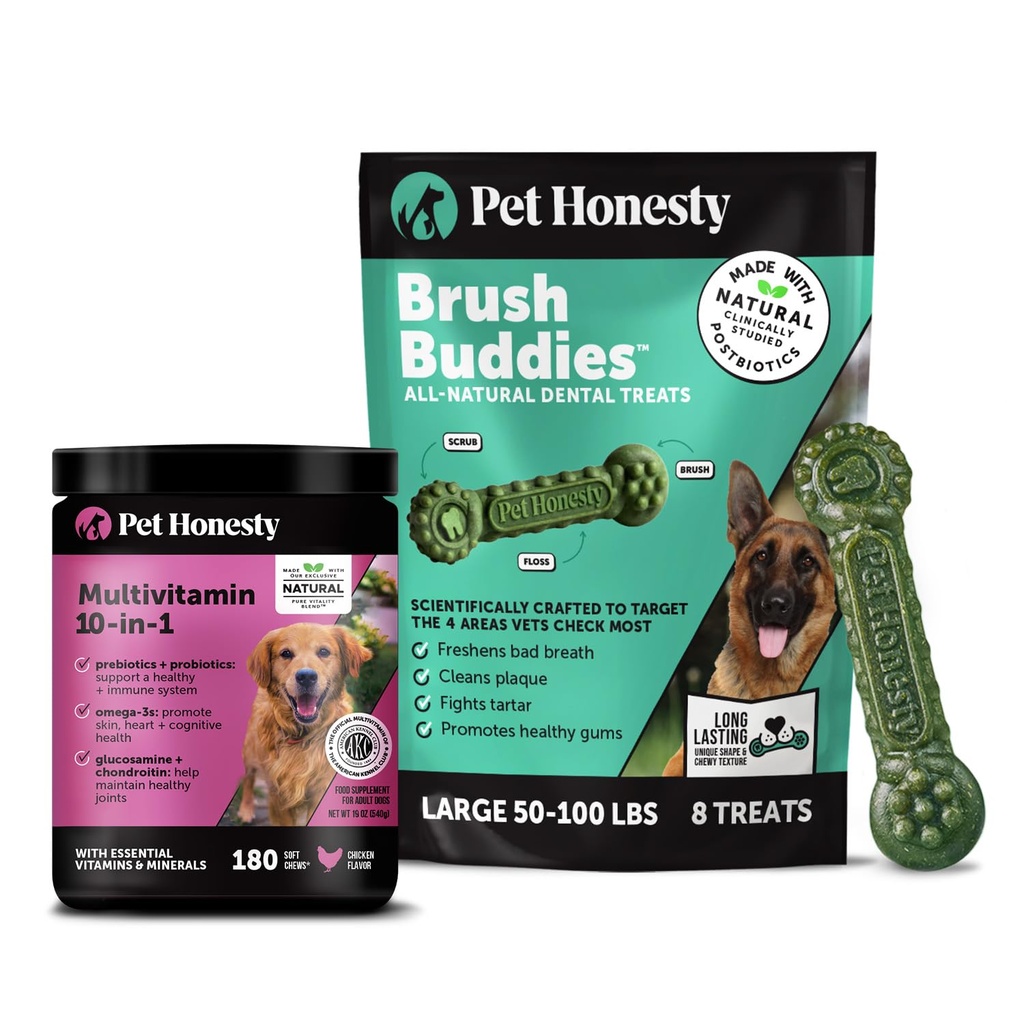 Pet Honesty Dog Wellness Virtual Bundle – 10-in-1 Multivitamin Supplement (Chicken, 180 Ct) + Brush Buddies Dental Sticks for Large Dogs (8 Ct) – Daily Health & Dental Support