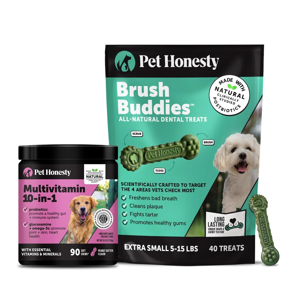 Pet Honesty Dog Wellness Virtual Bundle – 10-in-1 Multivitamin Supplement (Peanut Butter, 90 Ct) + Brush Buddies Dental Sticks for Extra Small Dogs (40 Ct) – Daily Health & Dental Support