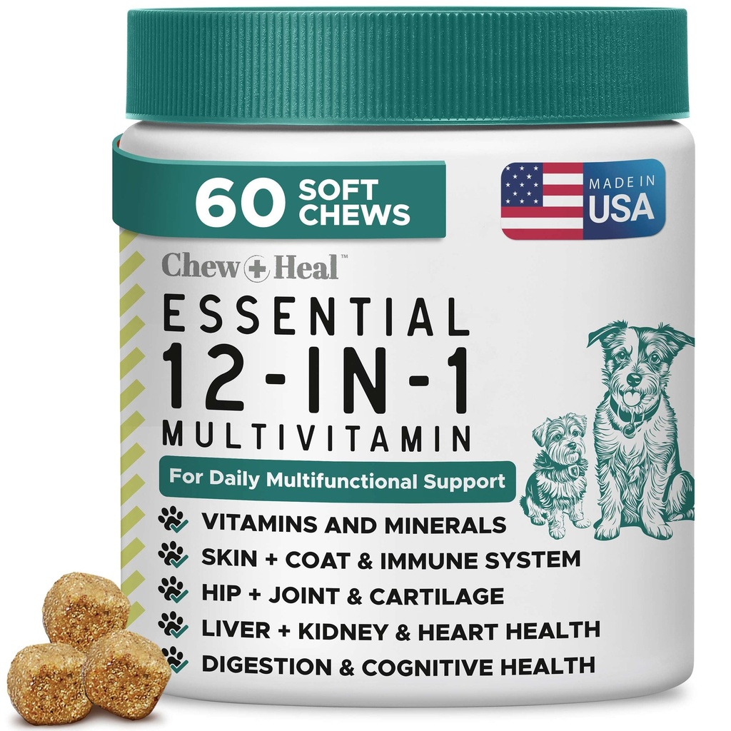 Dog Multivitamin Chewable - Chew + Heal 12-in-1, 60 Ct, Puppy, Senior Dog Vitamins & Supplements for Hip & Joint, Skin, Coat, Immune Support with Glucosamine, Omega 3,6,9, Probiotics, Chicken Flavor