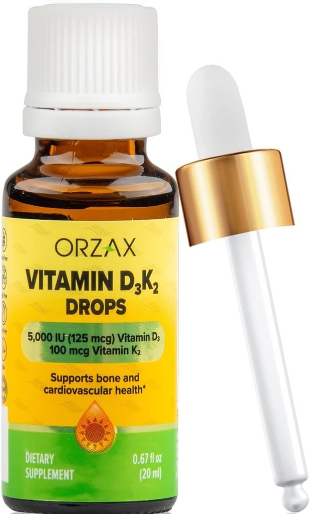 ORZAX Vitamin D3 K2 Drops - Υποστηρίζει την πυκνότητα των οστών και την απορρόφηση ασβεστίου - για τα οστά, τους μυς και την καρδιά - (0,67fl oz - 20 ml)