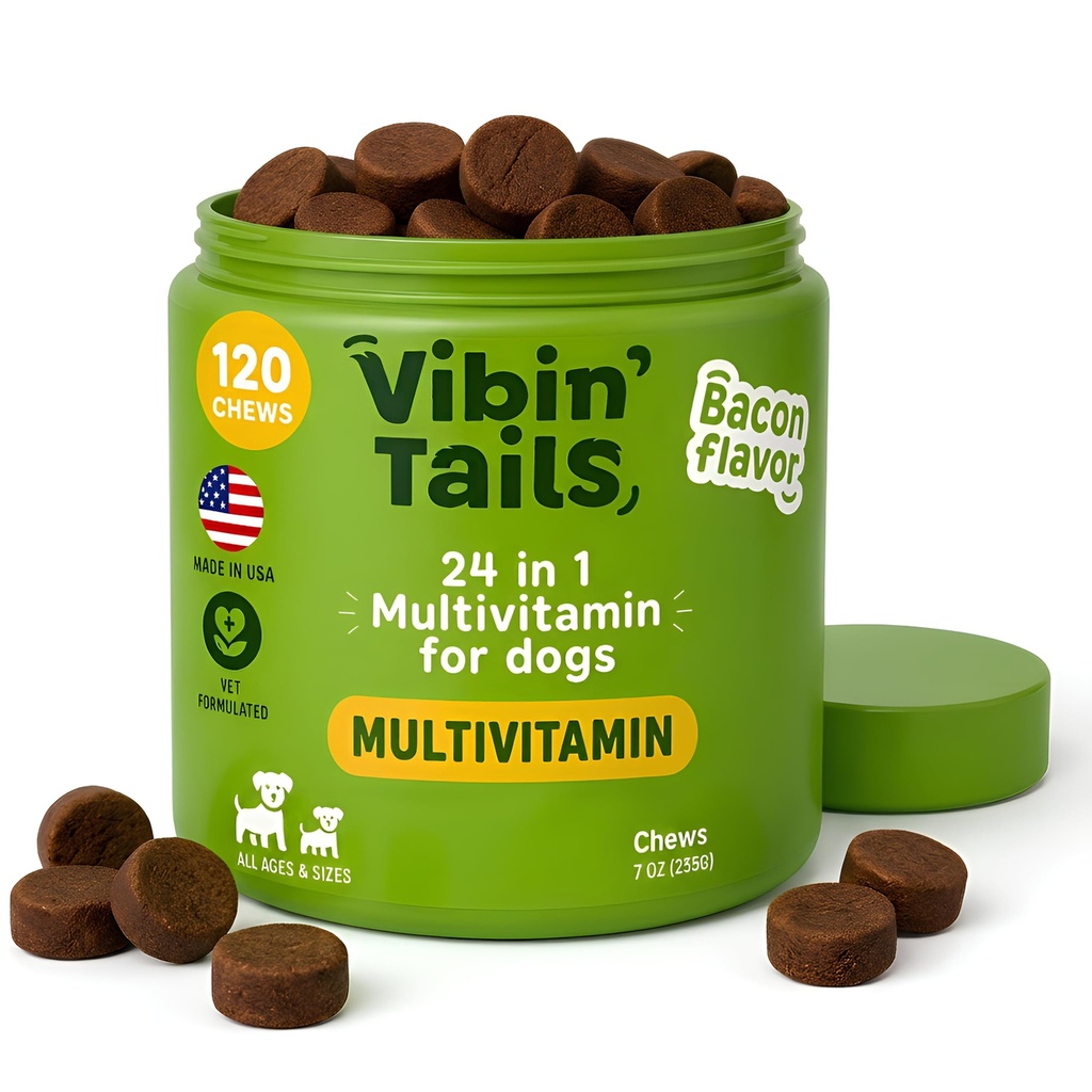 Dog Multivitamin Vibin' Tails 24-in-1 Soft Chews All Ages Bacon 120ct | Vet-formulated daily vitamins with probiotics, omega-3 & glucosamine for puppy & senior skin, coat, digestion & total health