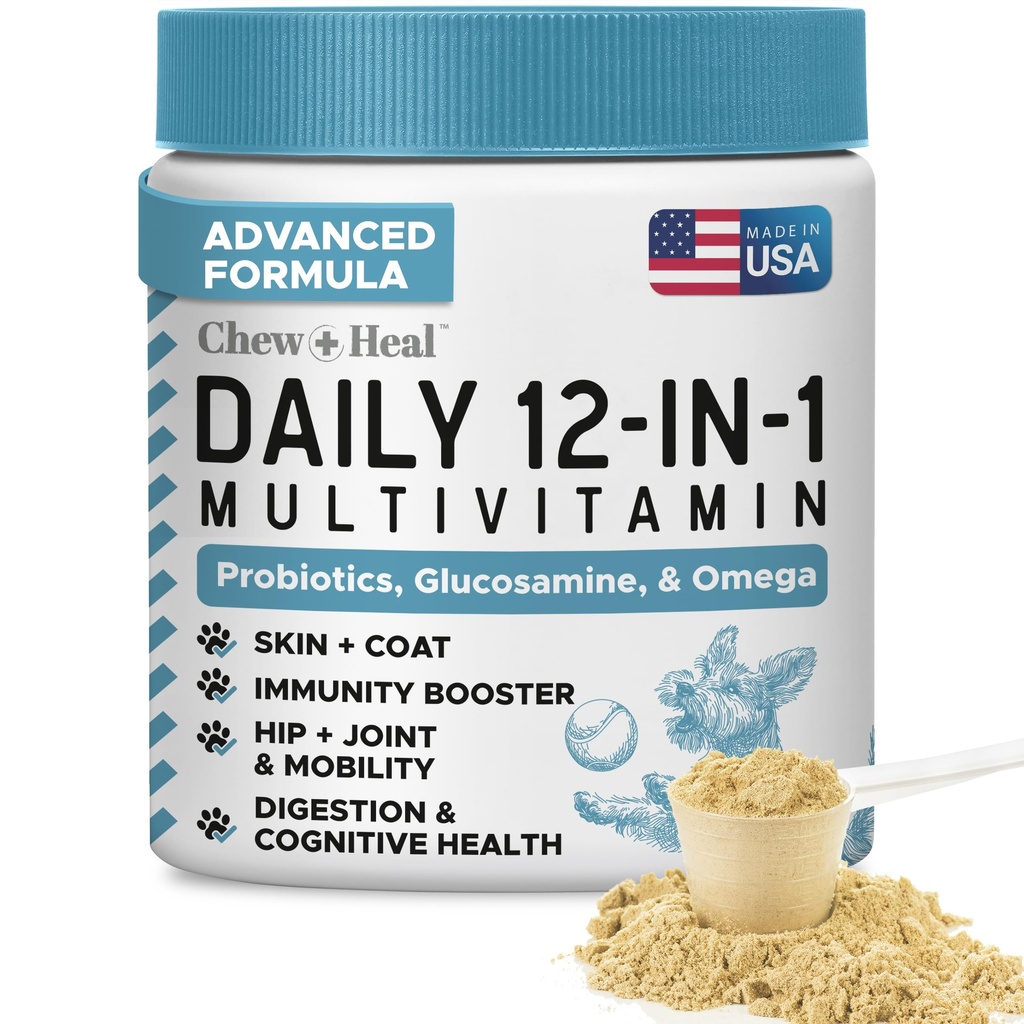 Dog Multivitamin Powder – 12-in-1 Formula with Probiotics, 14 oz | Puppy and Senior Dog Vitamins and Supplements, Glucosamine, Omega 3,6,9, Vitamins, Probiotics, and More