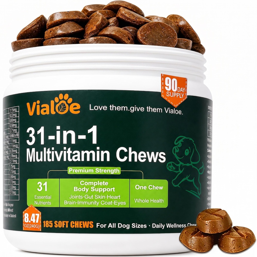 31-in-1 Dog Multivitamin Soft Chews – 185 Chews, 90-Day Supply | Glucosamine+Chondroitin+MSM | Salmon Oil | 740M CFU Probiotics | Chelated Minerals | B-Complex | Gut+Immune | Grain-Free