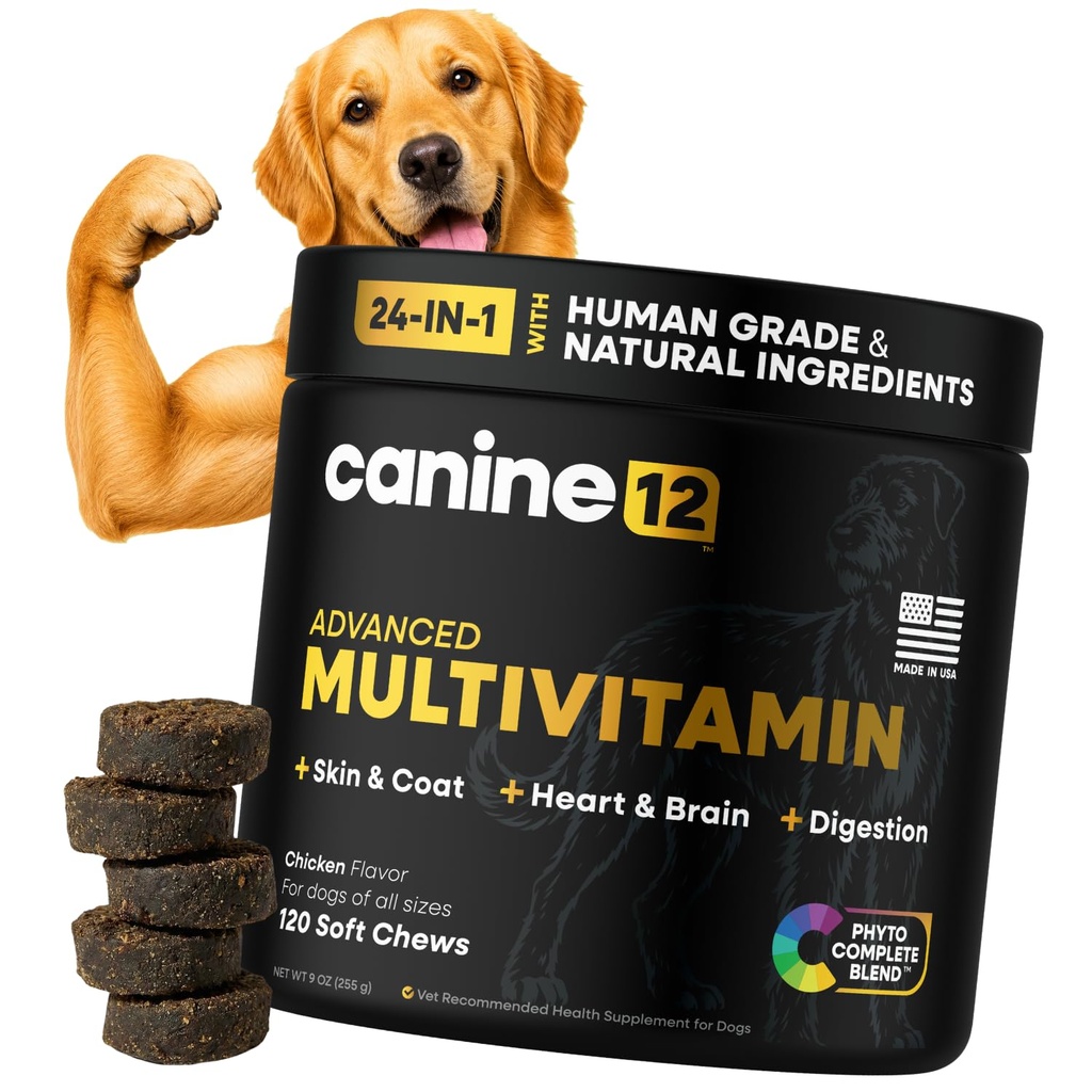 Dog Multivitamin, 24-in-1 Chewable Supplement, Probiotics, 120ct | Vitamins A, B, C, D, and E for Skin and Shiny Coat, Digestive Health Blend, Heart and Eye Health, Daily Chew, Chicken Flavor