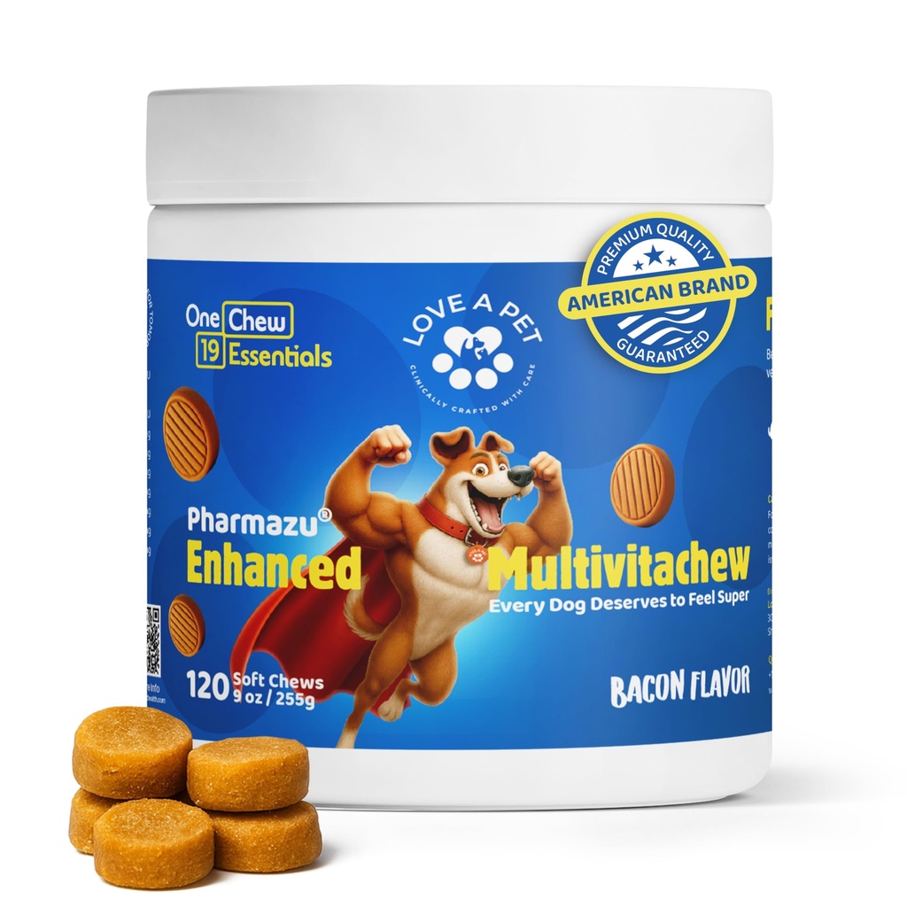 Enhanced Multivitachew – Dog Supplies Multivitamin Soft Chews with Glucosamine for Dogs – Supports Joints, Skin, Coat & Digestion – Dog Vitamins & Omega, Probiotics – 120 Bacon Chews