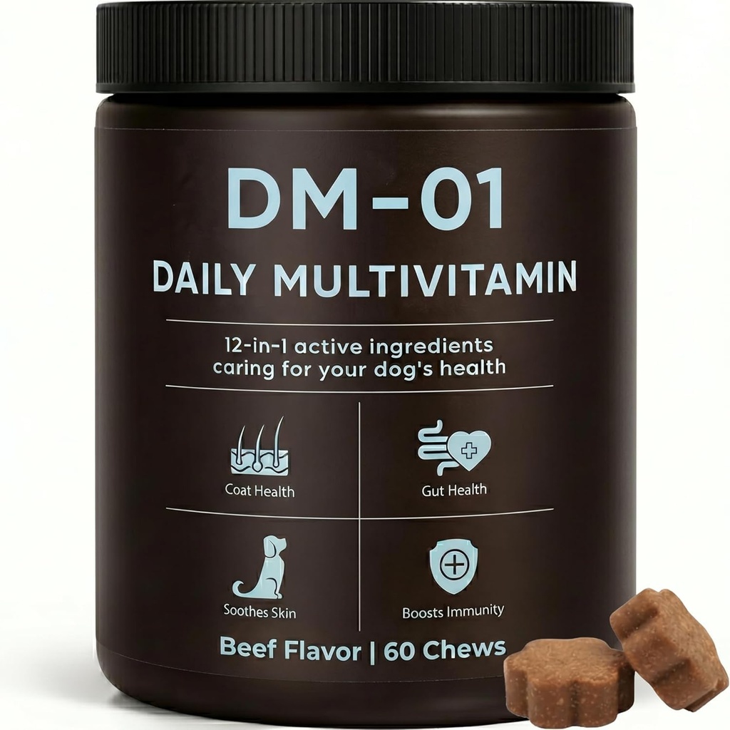 DM-01 Dog Multivitamin Chews, Daily Supplement with Salmon Oil, Chondroitin & Folic Acid, Promotes Skin & Coat Health, Digestive Aid & Immune Support, 60 Soft Chews