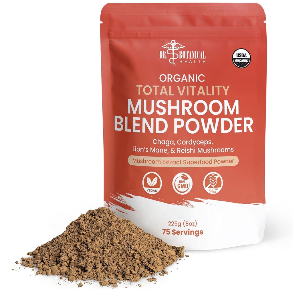 Organic Mushroom Powder Blend - 4-in-1 Reishi, Lion’s Mane, Cordyceps and Chaga Mushroom Supplement Extract Complex, Mushroom Blend Powder for Immune Boost & Brain Support, Add to Coffee, Tea or Water