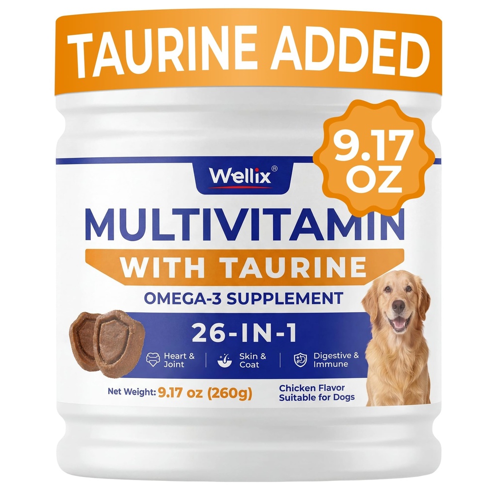 Wellix 26-in-1 Dog Multivitamin, Dog Vitamins and Supplements with Taurine | with CoQ10, Glucosamine, Probiotics & Omega-3 for Heart, Joint, Gut, Immune, Skin, Coat Health | Chicken Flavor