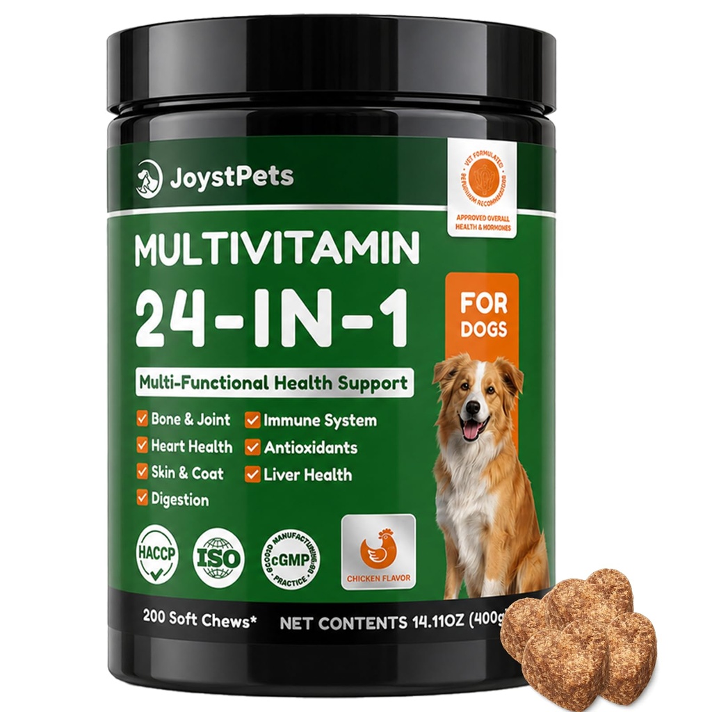 24-in-1 Dog Vitamins and Supplements, Dogs Multivitamin 200 Ct Contain Chondroitin Omega-3 Glucosamine for Dogs Hip & Joint, Skin Coat Heart Joint Gut Liver Brain Eyes Immune Support, Chicken