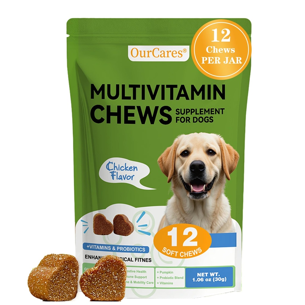 Dog Multivitamin Chewable - Vitamins and Supplements - Dog Daily Vitamin with Glucosamine Probiotics Omega-3 for Coat Hip Joint Heart Digestive Immune Health Support, Chicken Flavor, 12Ct