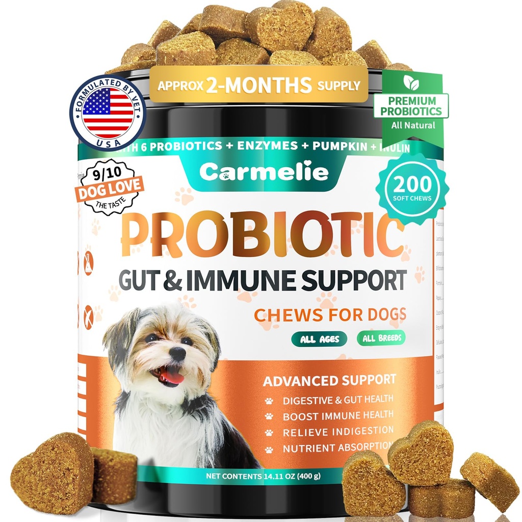 Probiotics for Dogs, Gut Health for Digestive Enzymes, 200 Chews | All Natural Probiotic Blend to Support Yeast, Itchy Skin and Itchy Ears, Allergies, Immunity, Diarrhea & Gas Relief, Chicken