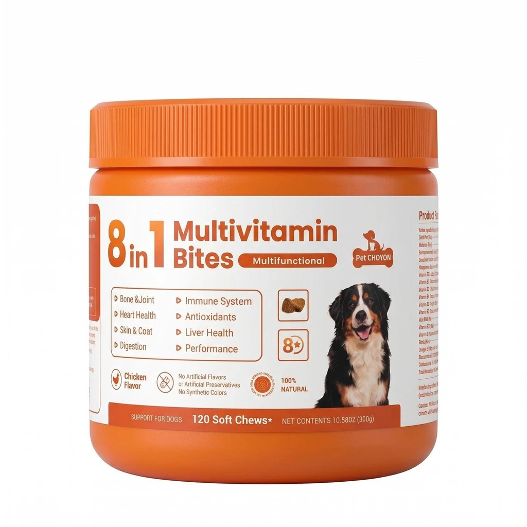 8-in-1 Multivitamin Bites for Dogs - Glucosamine, Chondroitin, Omega-3, Probiotics for Joint, Skin, Gut & Immune Support, Chicken Flavor, 120 Soft Chews