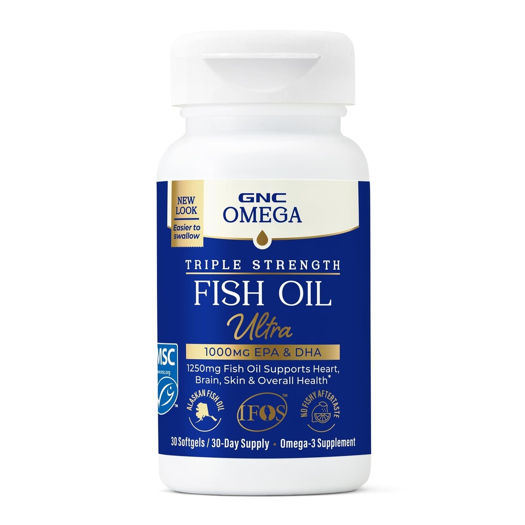 GNC Omega Triple Strength Fish Oil, Omega-3 Supplement, 30 Softgels | Delivers 1000mg EPA and DHA to Support Heart, Brain, Skin and Overall Health in an Easier to Swallow Softgel