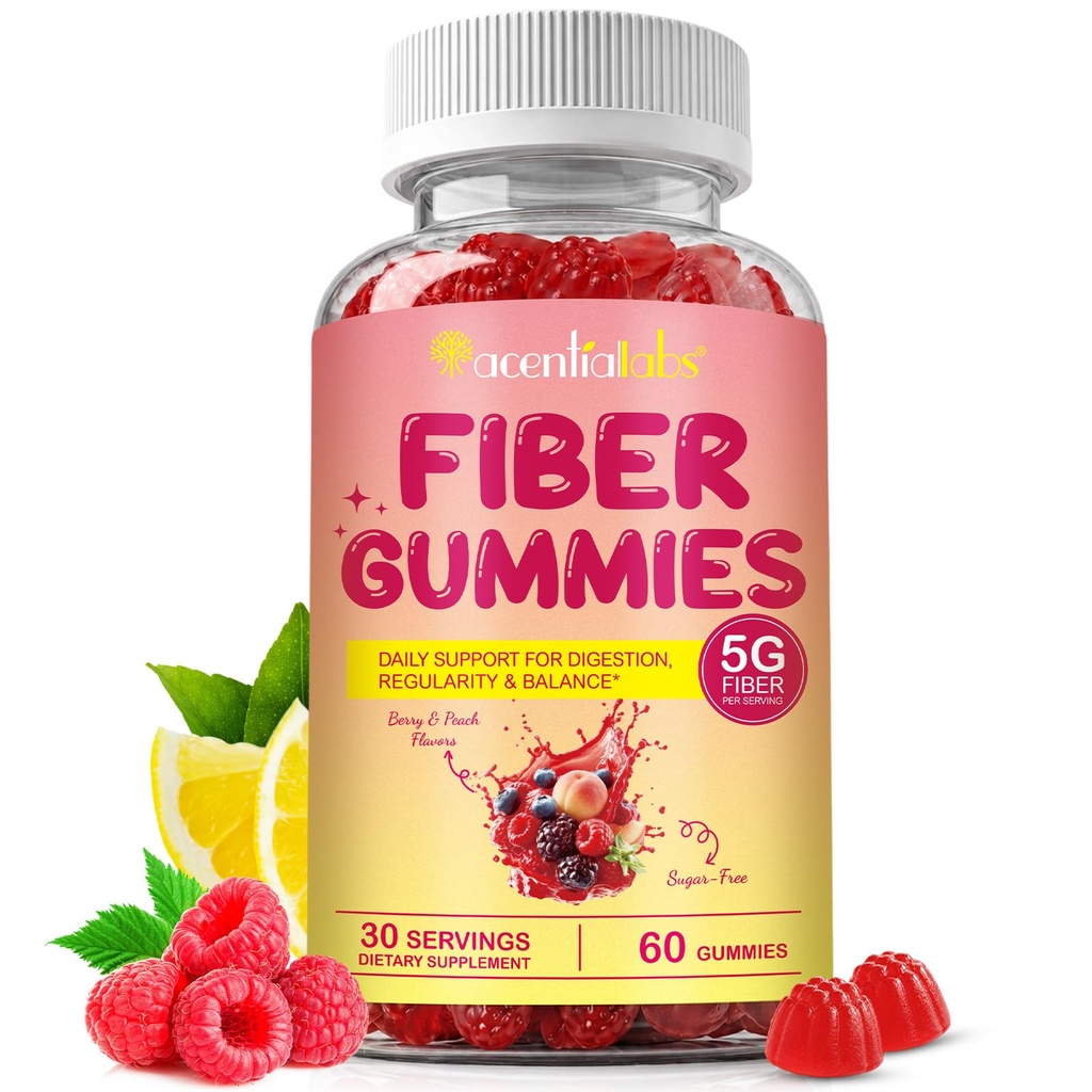 Prebiotic Fiber Gummies for Adults, 5g Per Serving, No Sugar, Chicory Root Inulin, Mixed Berry & Peach Flavor, Digestive Health & Regularity Support, Pectin-Based, 120 Gummies, 60-Day Supply
