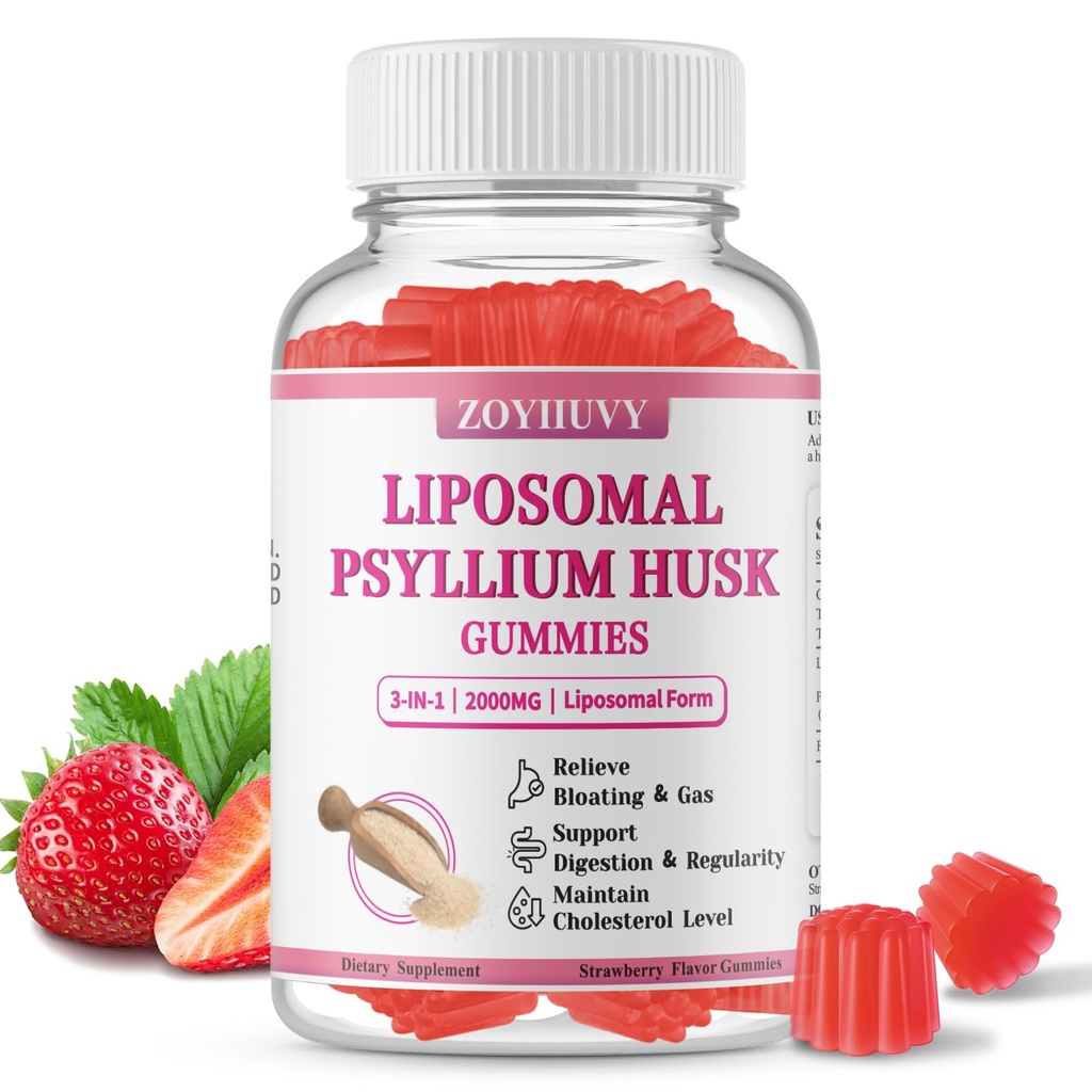 Liposomal Psyllium Husk Gummies 2000mg, Psyllium Husk Fiber Supplement 60Ct | FOS Prebiotics, Support Digestion & Regularity, Bloating & Gas, Sugar Free, Organic, Vegan, Strawberry Flavor