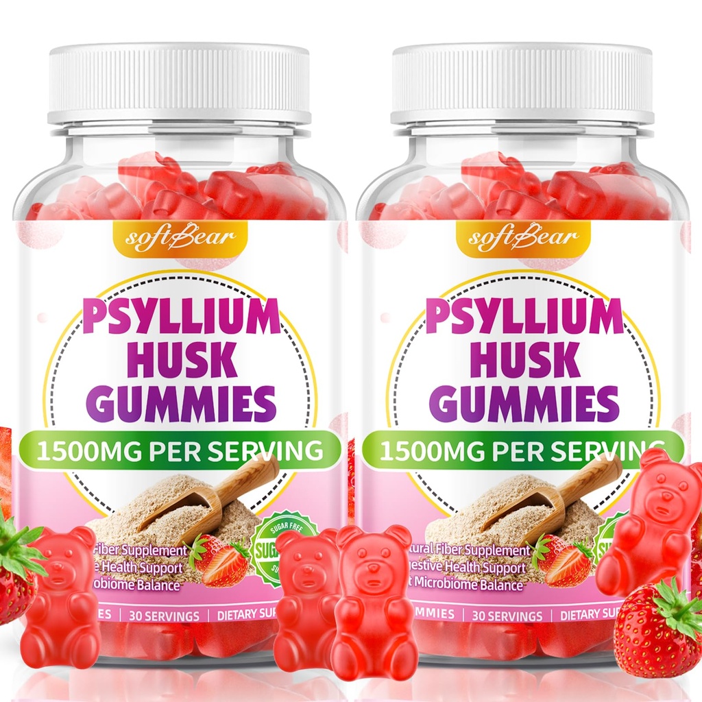 softbear 2 Pack Psyllium Husk Gummies 1500mg, Strawberry Flavor 120 Count | Psyllium Husk Fiber Supplement for Gut & Digestive Health, Regularity Support, Vegan/Organic/Sugar Free