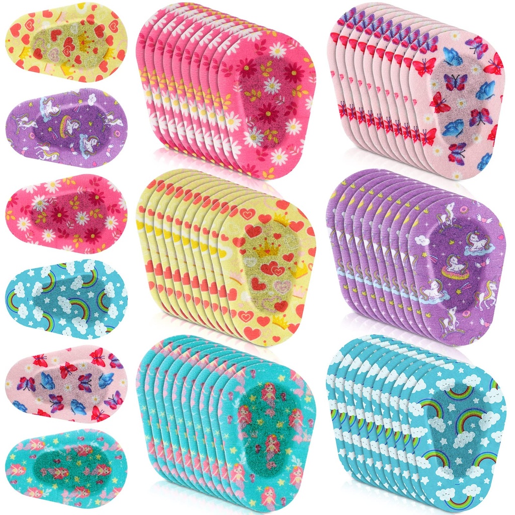 Panelee 60 Pcs Adhesive Eye Patches Bulk Breathable Colorful Fun Designs 3 x 2 Inch Light Blocking Cotton Bandages for Women Men Adults, 6 Styles