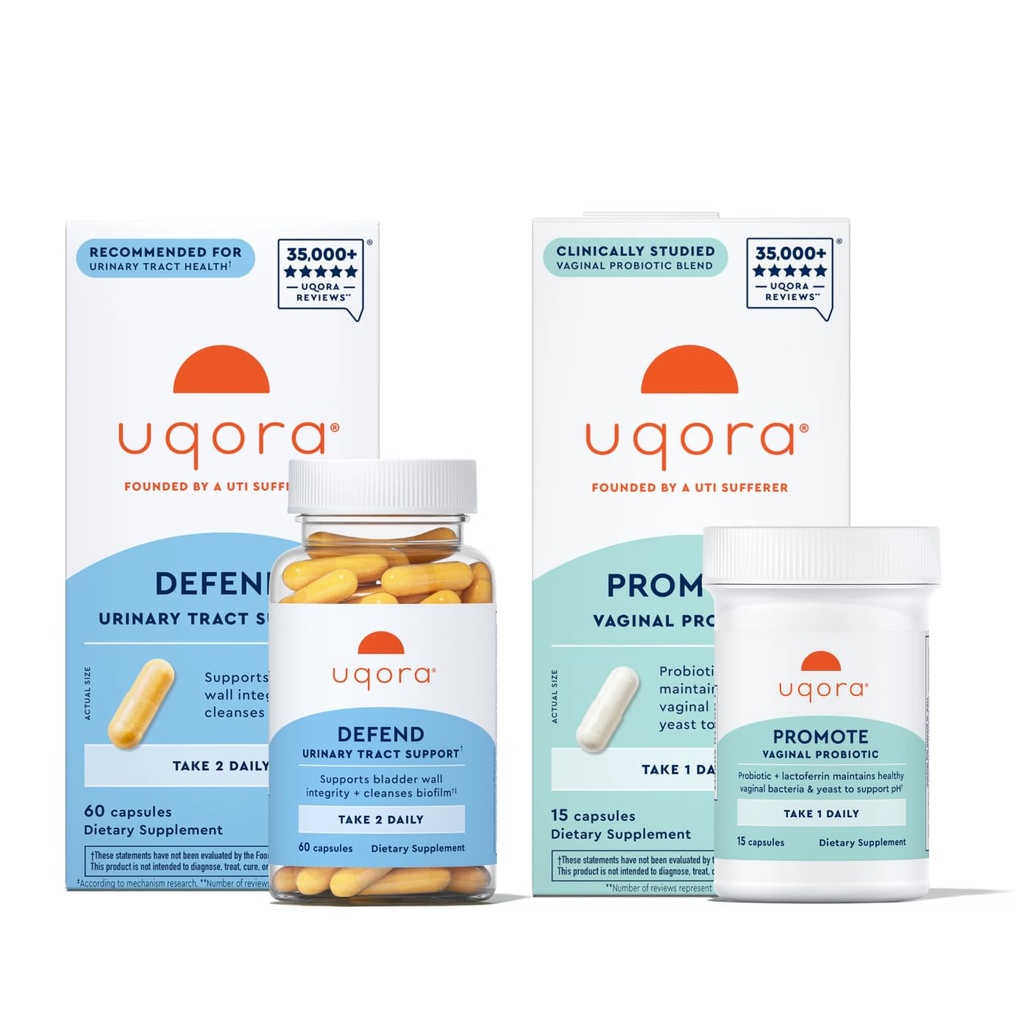 Uqora Defend & Promote Bundle for Urinary & Vaginal Health, 1 Month Supply | Supports Vaginal Health, Bladder Wall Integrity, and Cleanses Biofilm**, One-Month Urinary and Vaginal Health Supply