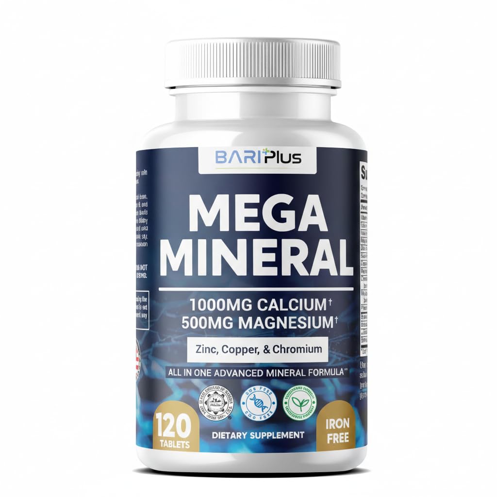 Mega Mineral – Complete Complex with Vitamin D, Calcium, Magnesium, Zinc, Potassium, Boron, Selenium, Chromium & Trace Minerals – Iron-Free – USA Made -Halal (120 Tablets)