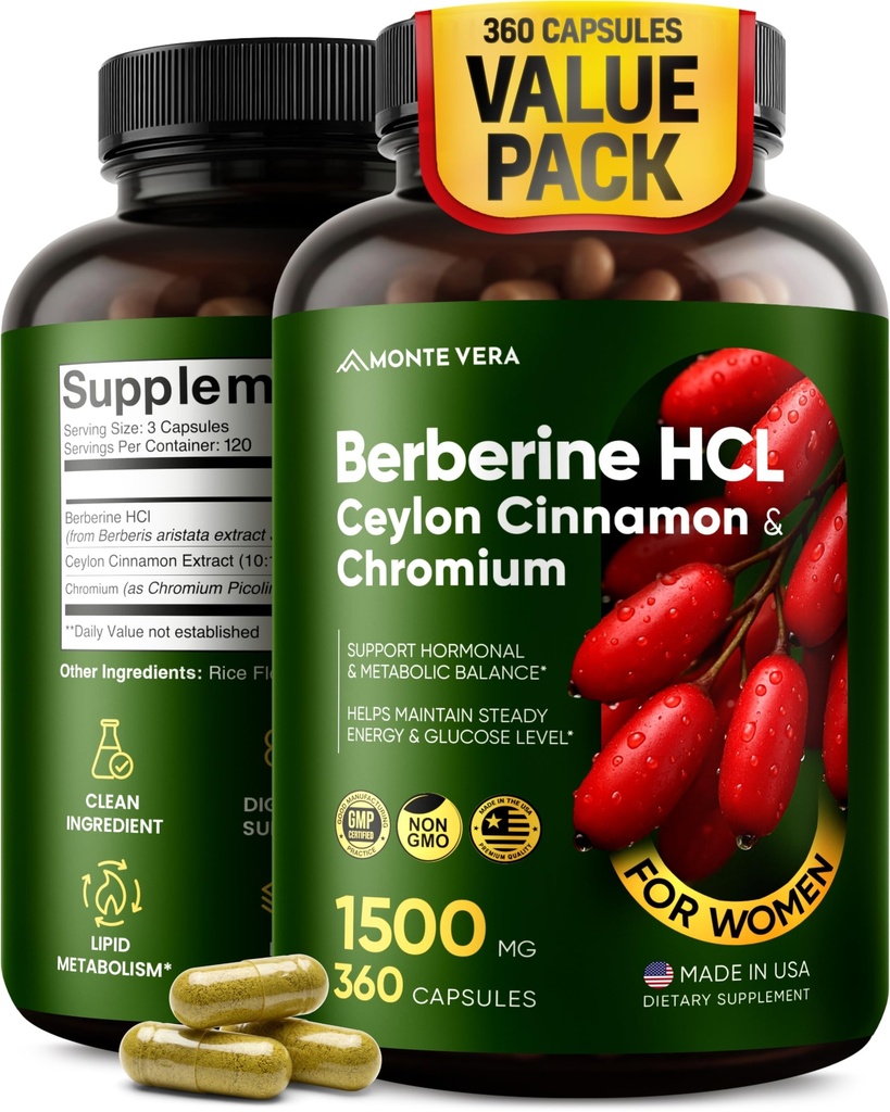Berberine HCL 1500mg with Ceylon Cinnamon & Chromium | Supports Metabolic & Hormonal Health, Steady Energy - Vegan, Non-GMO, Gluten-Free, 360 Capsules