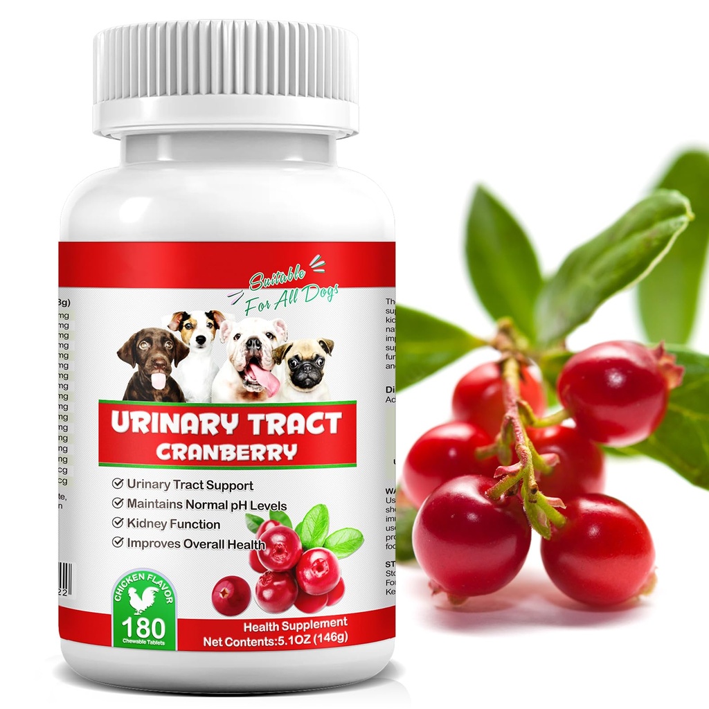 Cranberry Supplement for Dogs - UTI, Bladder Health & Incontinence | 180 Chews with crananidin & apple cider vinegar. Supports urinary tract health, Kidney function & pH balance.