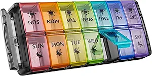 Weekly Pill Organizer 2 Times a Day Large 7 Day Easy Fill 2020 Τελευταια Εκδοση NuLeaf AM PM Pill Box Large Daily Pill Cases Medicine Box - Rainbow Black (Εγγεγραμμένο Patent)