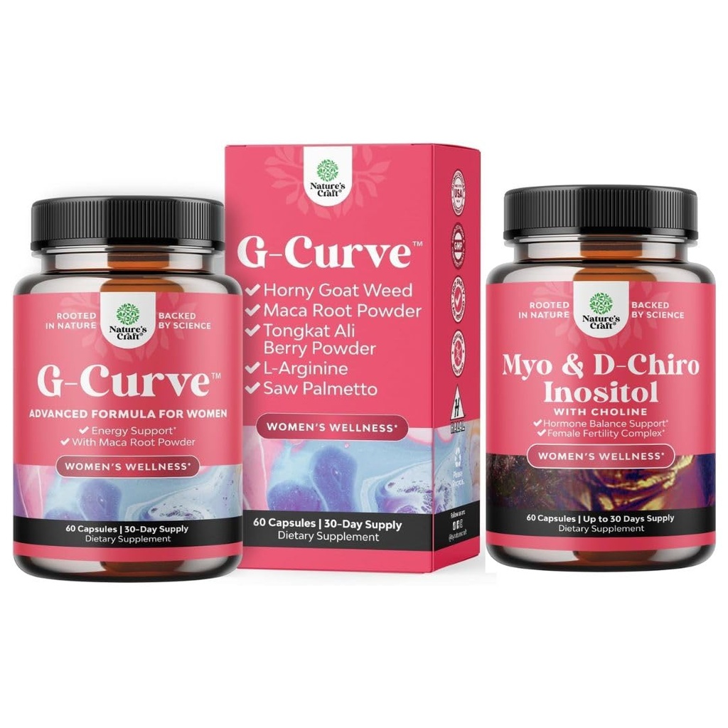Bundle of G-Curve Butt and Breast Growth Capsules - Horny Goat Weed Muira Puama & Maca Root and Myo-Inositol & D-Chiro Inositol - Choline to Regulate Menstrual Cycle Fertility Hormonal Balance