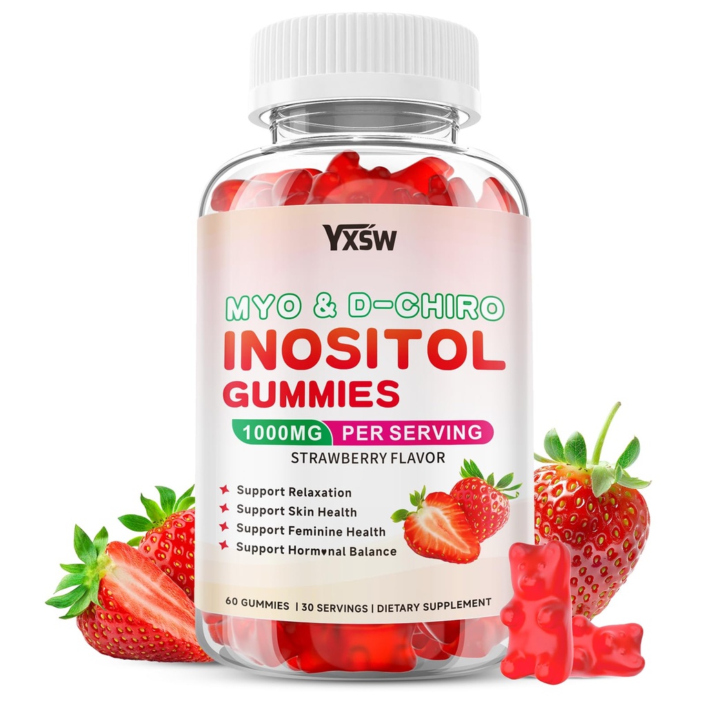 Myo-Inositol & D-Chiro Inositol Gummies, 40:1 Ratio Inositol Supplement with Vitamin D3, Magnesium Glycinate, Folate & Zinc, for Support Hormonal Balance & Wellness, Strawberry Flavor, 60 Count