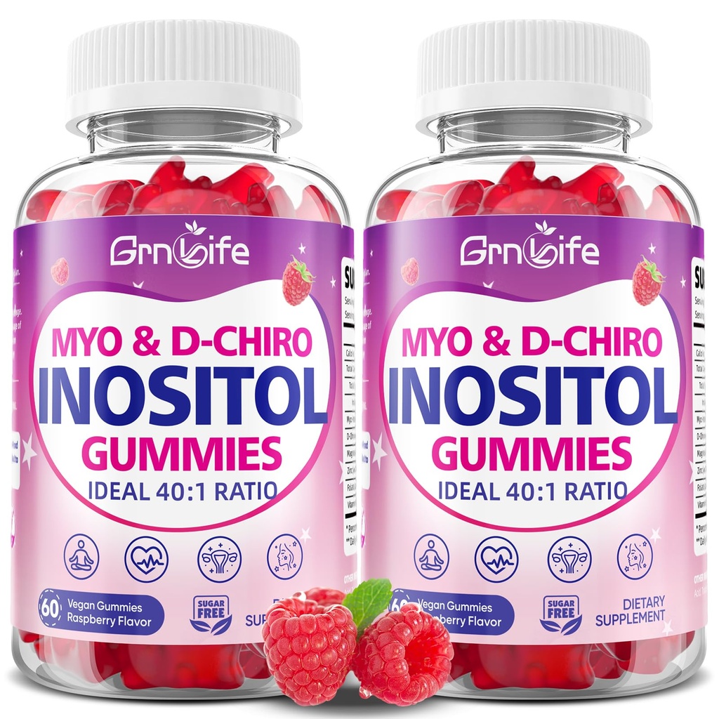 2PCS Myo-Inositol & D-Chiro Inositol Gummies for Women, 40:1 Ratio Inositol with Vitamin D3, Magnesium Glycinate, Methyl Folate for Female Health & Wellness, Sugar Free, Raspberry Flavor, 120 Count