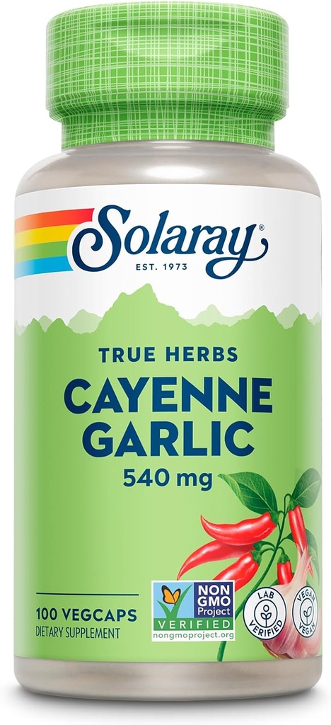 SOLARAY Cayenne σκόρδο 540 mg - Καγιέν πιπέρι και σκόρδο συμπληρώματα με καψαϊκίνη - Προμήθεια 40.000 μονάδες θερμότητας - Μη ΓΤΟ έργο Επαληθευμένο, Vegan, 60-Day εγγύηση - 100 εξυπηρετούν, 100 VegCaps