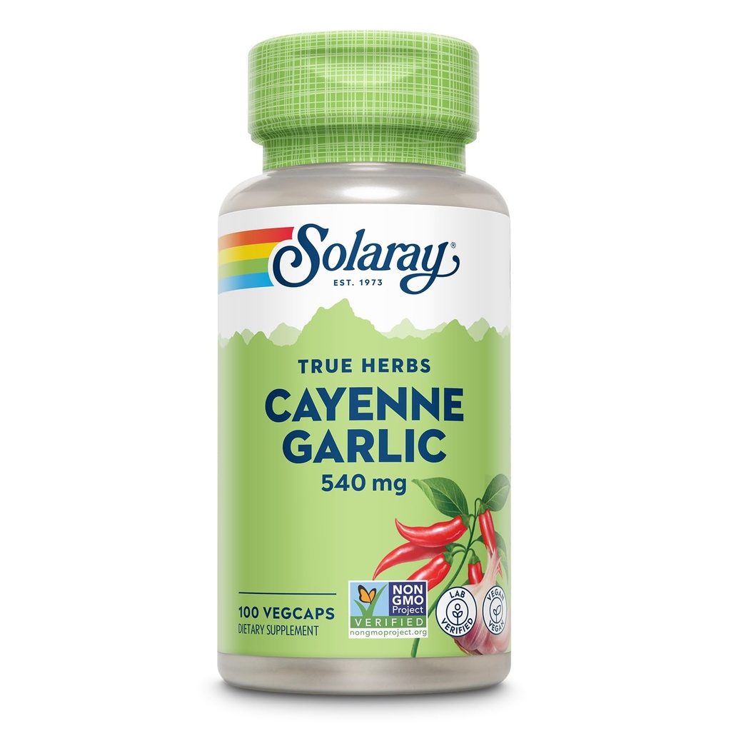 SOLARAY Cayenne Garlic 540 mg - Cayenne Pepper and Garlic Supplements with Capsaicin - Supplying 40,000 Heat Units - Non-GMO Project Verified, Vegan, 60-Day Guarantee - 100 Servings, 100 VegCaps