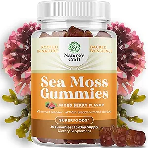 Natures Craft Sea Moss Gummies for Adults and Kids - Vegan Adult and Kids Immune Support Gummies with Burdock Bladderwrack Sea Moss Gel - Delicious Berry Flavor Supplement Men Women Children 30ct