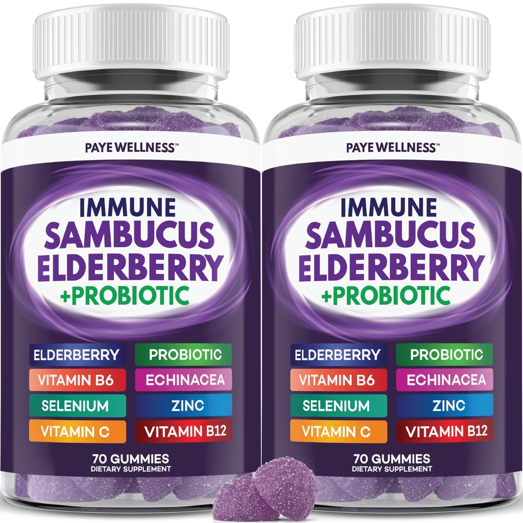 PAYÉ Elderberry Gummies, Vitamin C Immune Support Supplement + Probiotic Gut Health - Sambucus, Echinacea, Vitamin B, Zinc, Selenium, 140 Gummies for Adults and Kids