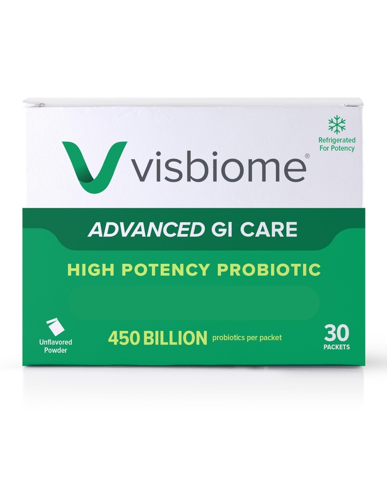 Visbiome® Advanced GI Care - High Potency Probiotic 450 Billion Strength - 30 Packets Unlavored Powder - Original De Simone Formulation - Shipped Cold in Recyclable Cooler with Temperature Monitor.