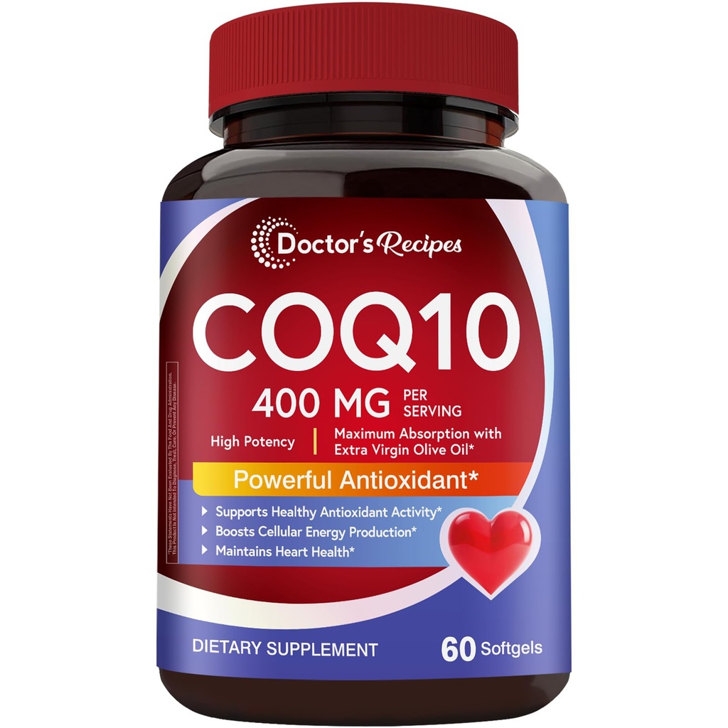 Doctor's Recipes CoQ10 400 mg High Potency, Stable Form Ubiquinone, Superior Absorption with Extra Virgin Olive Oil, Antioxidant for Heart & Energy, Naturally Fermented, Gluten-Free, 60 Softgels