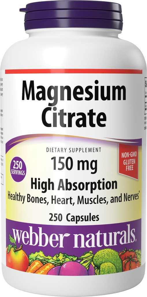 Webber Naturals Μαγνήσιο Κιτρικό, 150 mg ανά καψάκιο, 250 κάψουλες, υψηλή απορρόφηση, βοηθά στη στήριξη οστών, δοντιών και σωστή λειτουργία μυών & καρδιάς, γλουτένη & χωρίς γαλακτοκομικά