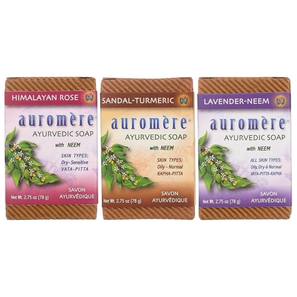 Auromere Ayurvedic Soap Variety Pack - 3 x 2.75oz Natural Soap Bars - Handmade Vegan Soap with Ayurvedic Herbs & Organic Neem