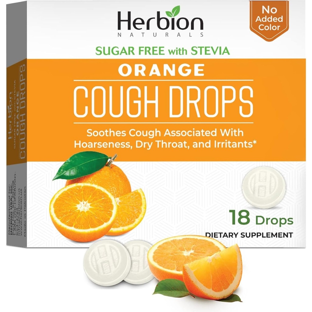 HERBION Naturals Cough Drops, Sugar Free with Stevia, Dietary Supplement, Soothes Cough, for Adults & Children Over 6 Years,18 Count, Orange, Pack of 1