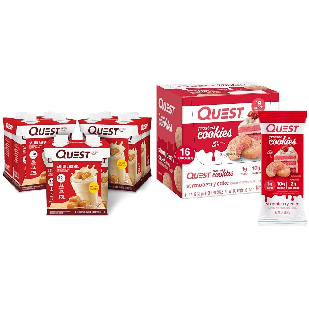 Quest Protein Shake Salted Caramel 4 Pack and Strawberry Cake Frosted Cookies Twin Pack Bundle, 30g Protein