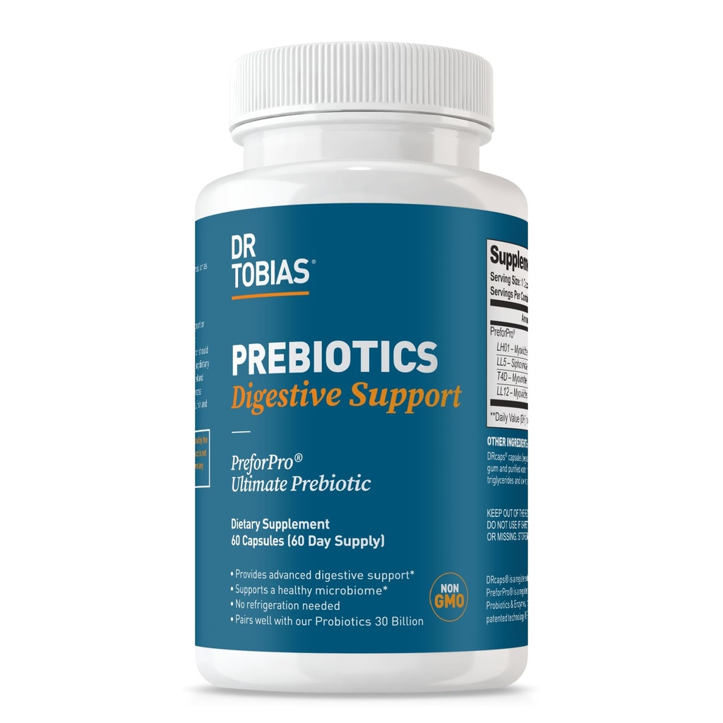 Dr. Tobias Prebiotics Digestive Support, Advanced Prebiotic Supplement for Gut Health, Immune Function & Boost for Probiotics for Women & Men, Vegan, Non-GMO, 60 Capsules, 60 Servings