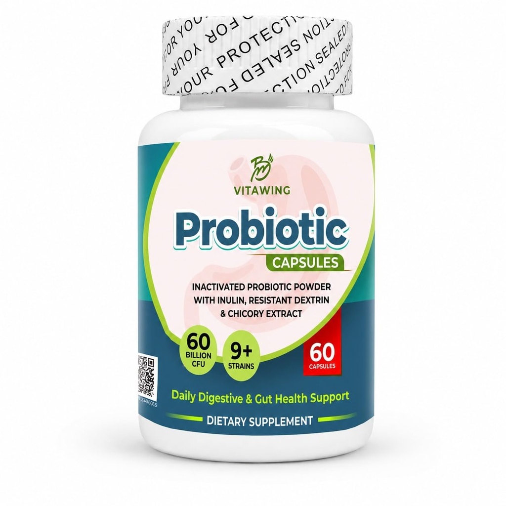 Probiotic Capsules for Women and Men, 60 Billion CFU Lactobacillus Supplement with 9+ Strains and Prebiotic Inulin and Chicory Extract, Gut and Immune Support for Women and Men, 60 Count