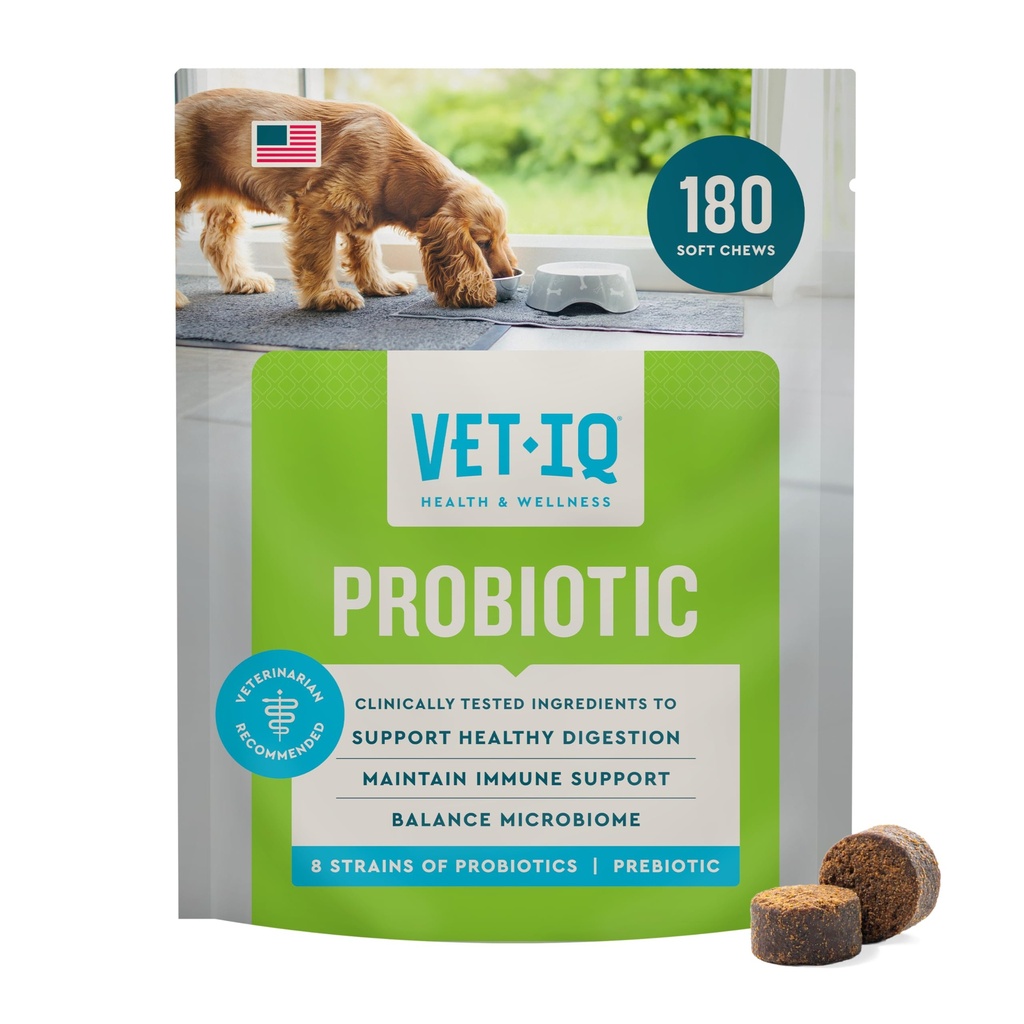 VetIQ Probiotic Supplement for Dogs, Gut & Bowel Support, 180ct | Nourishes gut bacteria & supports bowel function; daily digestive probiotic chew; hickory smoke flavor; made in USA