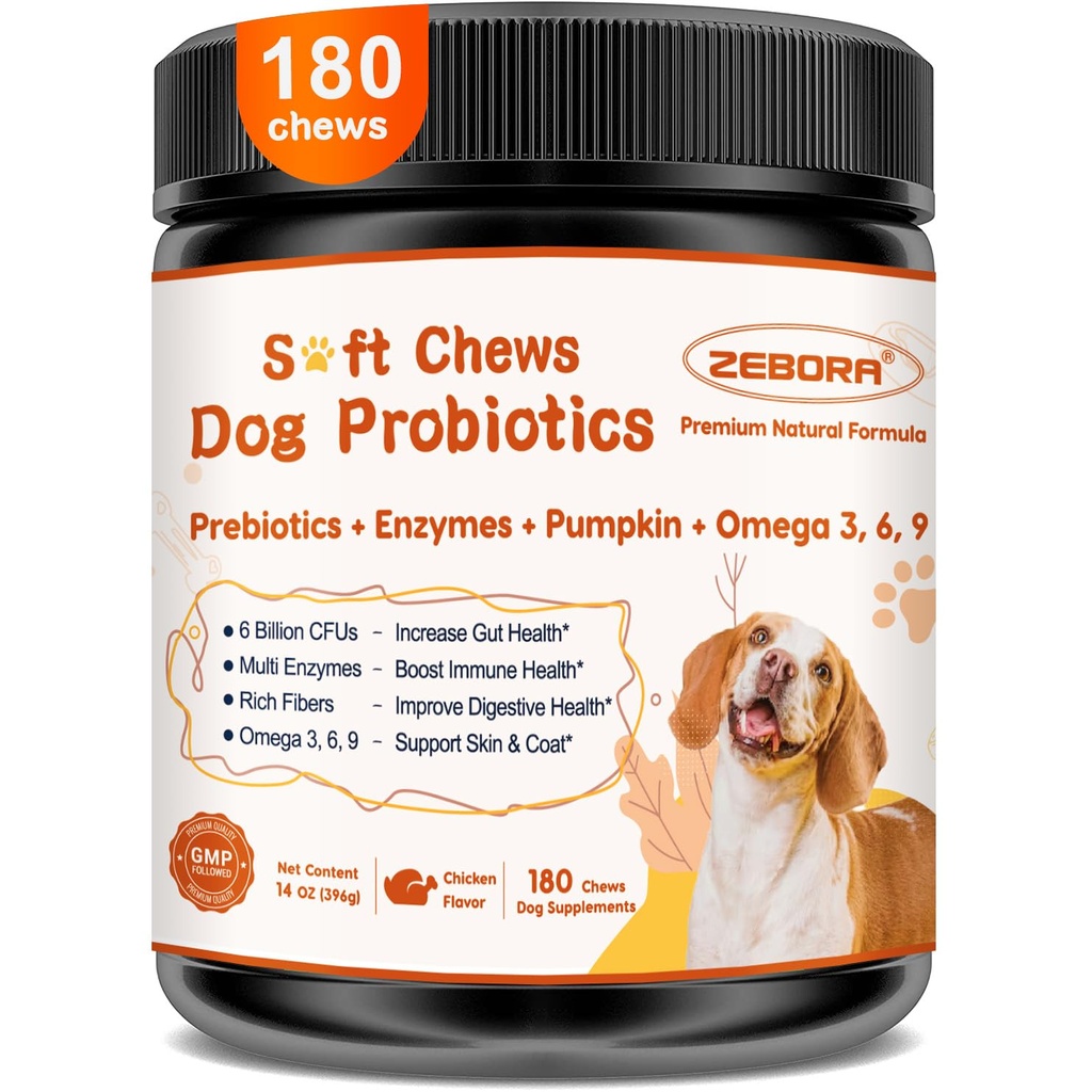 ZEBORA Probiotics for Dogs, Digestive & Itch Relief, 180 Soft Chews