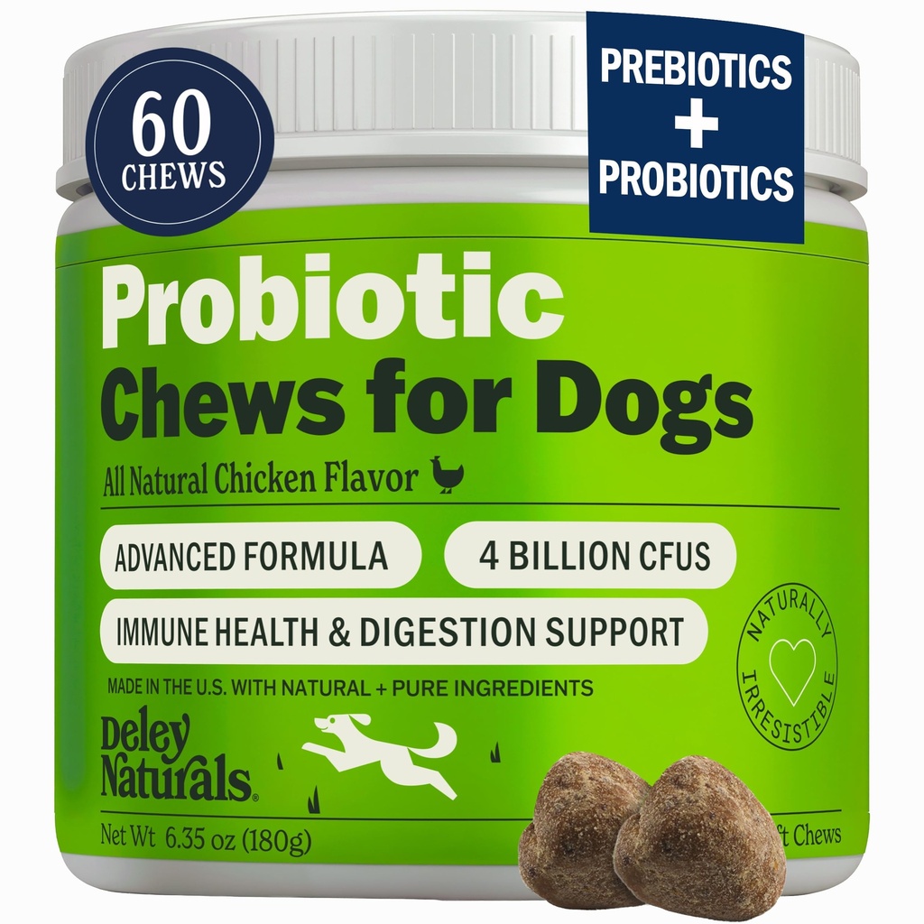 Deley Naturals Dog Probiotics Chews - 4 Billion CFU Dog Probiotics, Prebiotics, Enzymes for Digestion & Gut Health - Smaller Soft Chews, Lower Calories, Same Active Ingredients - USA Made - 60 Count
