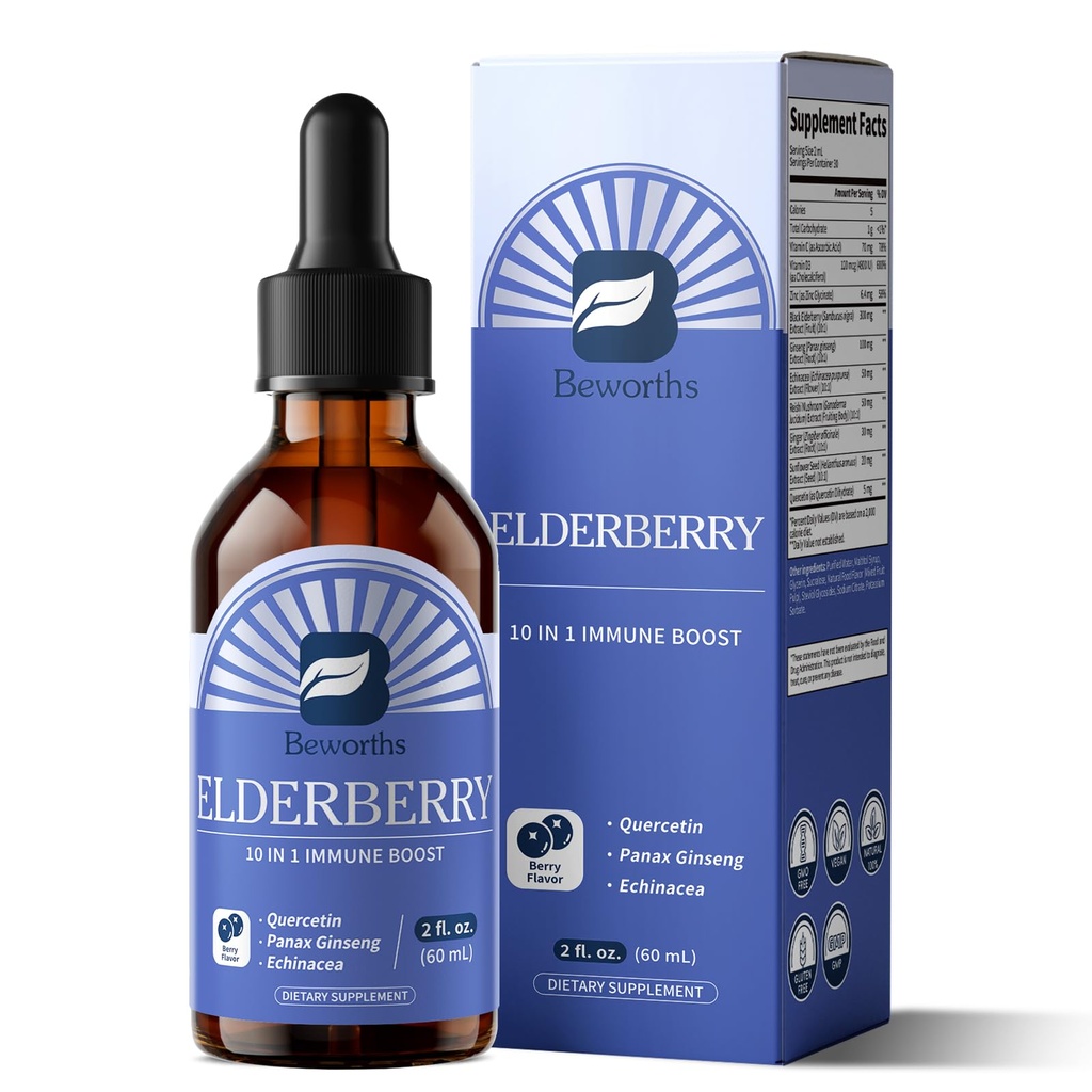 Elderberry Syrup Black Elderberry Drops with Ginseng, Quercetin, Panax Ginseng, Vitamin C and Zinc, Sambucus Liquid, Vegan