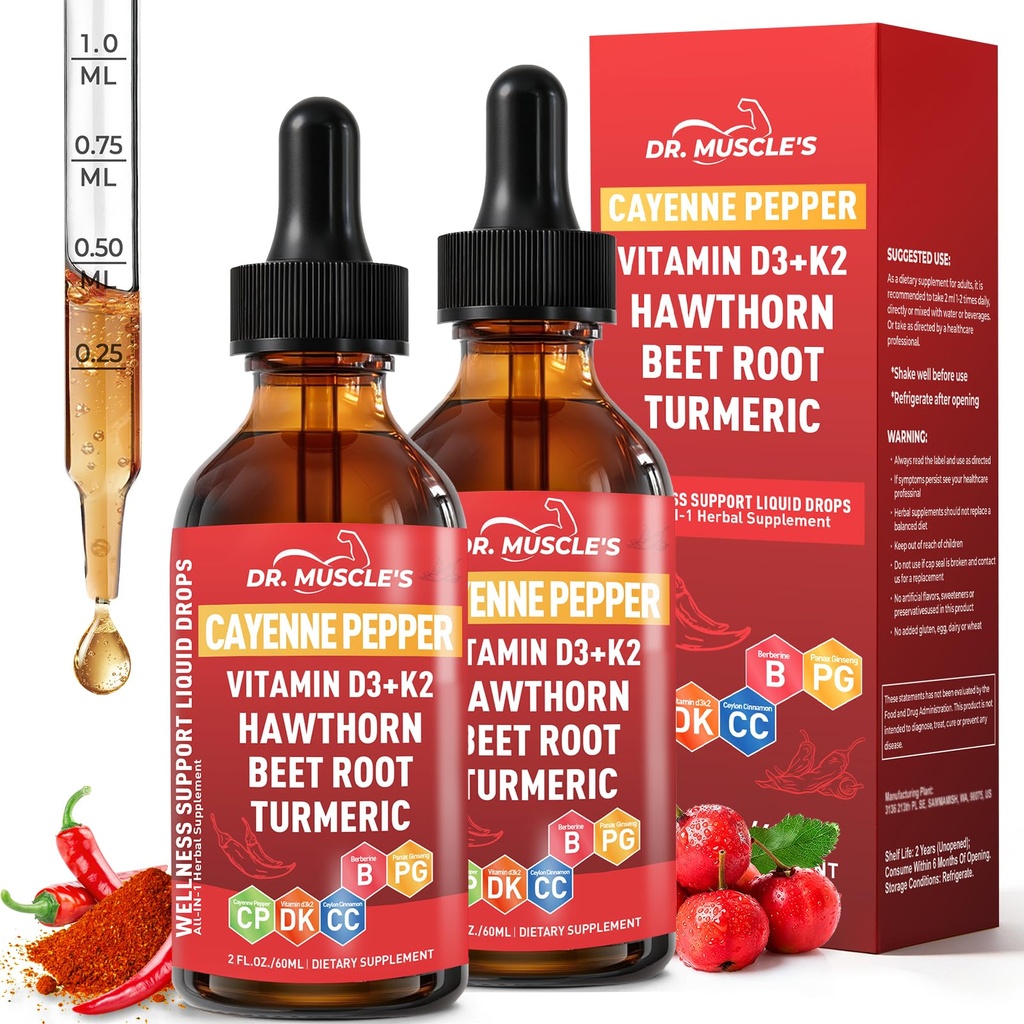 2-Pack Cayenne Pepper Supplement Drops, Hawthorn Beet Root Ceylon Cinnamon | Berberine Extract, Vitamin D3 K2, Turmeric Curcumin & Panax Ginseng, Complex Herbal Supplements Liquid - 4 FL OZ