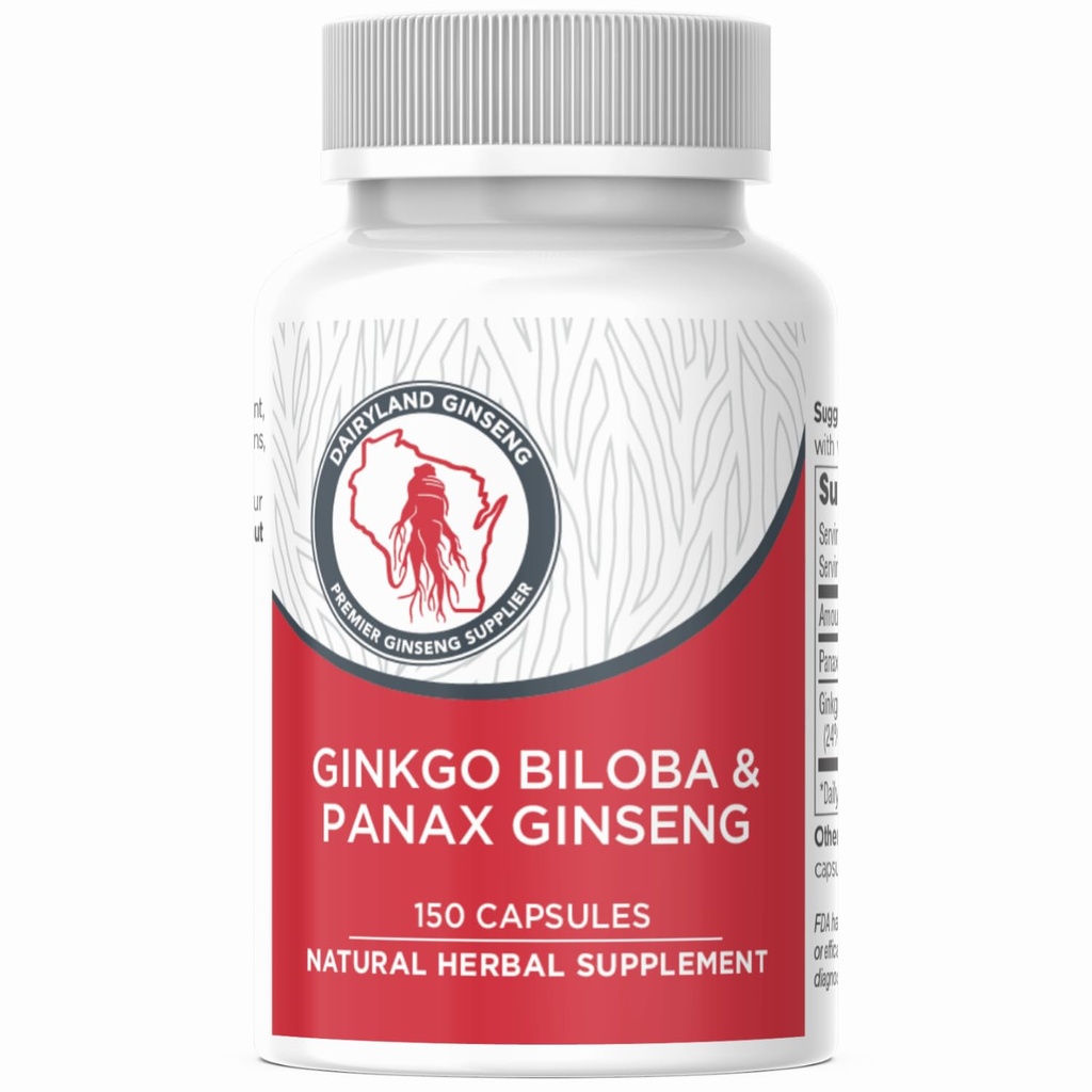 Dairyland Management Panax Ginseng + Ginkgo Biloba Capsules 150ct 1000 mg of Panax Ginseng, 60 mg of Ginkgo Biloba per Serving
