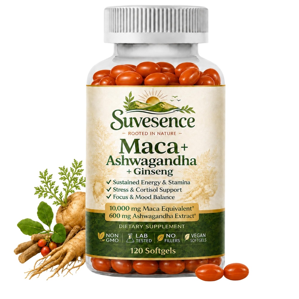 High Potency 3-in-1 Maca + Ashwagandha + Panax Ginseng - Natural Supplement Complex for Energy, Stamina & Focus, 2 Month Supply, 120 Vegan Softgels