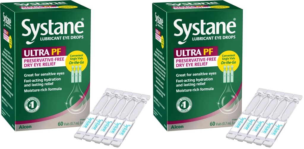 Systane Ultra Preservative Free Lubricant Eye Drops, 60 Count, Fast-Acting Dry Eye Relief from Irritation & Dryness, Hydrating Eye Drops for Extended Protection, Single-Use Vials (Pack of 2)