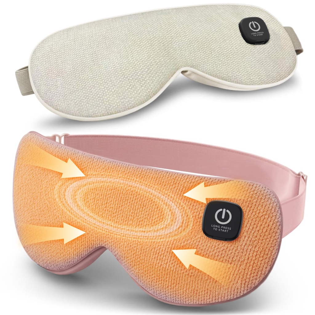 Cordless Heated Eye Mask, Rechargeable Mask with 4 Heat Levels for Dry Eyes | Fast Heating Mask with Washable Covers for Sleep, Travel, MGD, Blepharitis, 1500mAh Large Battery, Pink & Beige